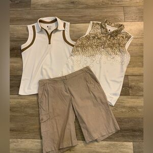 Cute Izod golf set. Two sleeveless polos and flat front shorts. Size M & 6